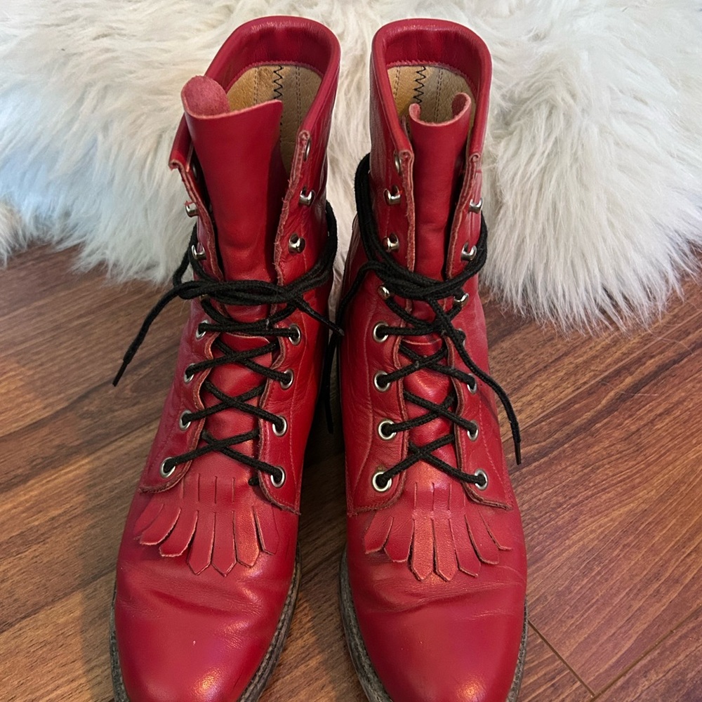 Vintage Justin Roper Cherry Red Leather Lace Up Boots